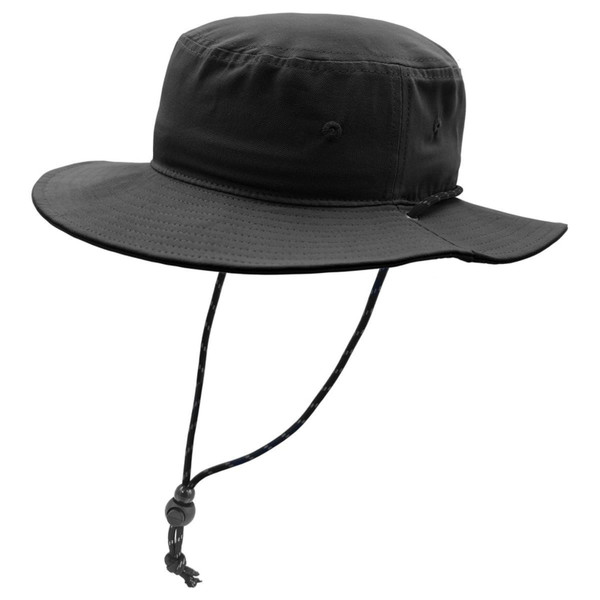 Black wide-brim surf hat with adjustable chin cord and toggle, featuring cotton canvas construction