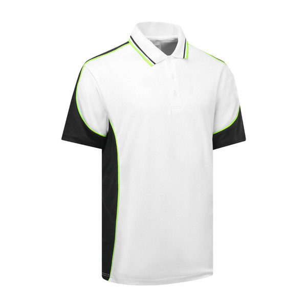White polo shirt with black contrast side panels and bright lime piping detail on collar and shoulders