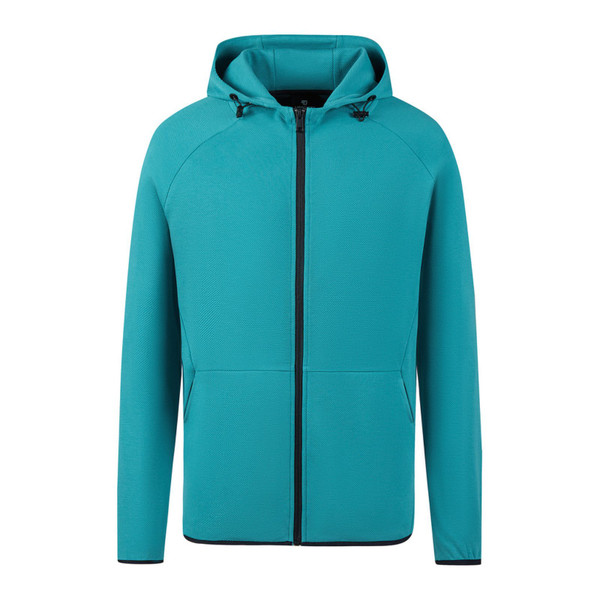 Teal textured zip-up hoodie with black contrast zipper and kangaroo pocket on white background