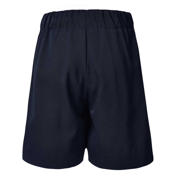 Navy box-pleat school shorts with elasticated waistband, rear view showing pleat detailing