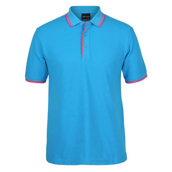 Aqua blue polo shirt with pink contrast collar tipping and sleeve cuffs on white background