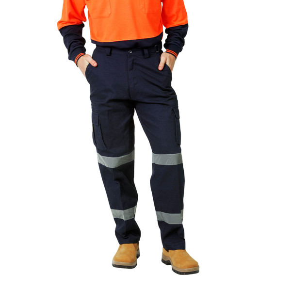 Navy cargo work trousers with dual horizontal reflective tape strips on legs and cargo pockets