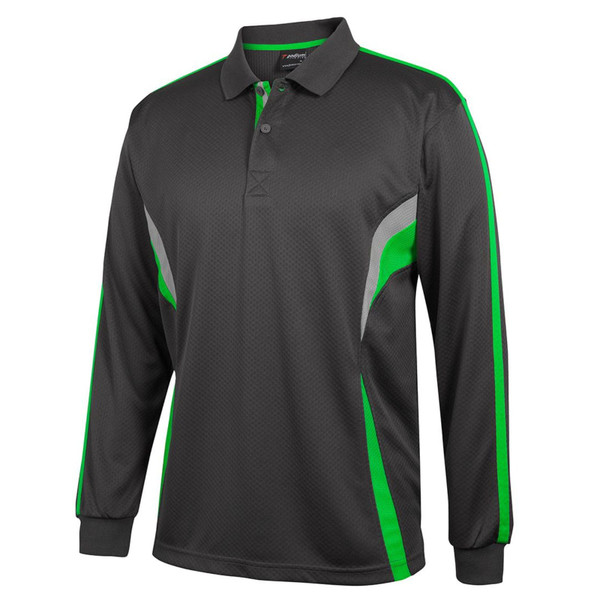 Charcoal long sleeve polo with neon green and grey contrast panels along sleeves and sides