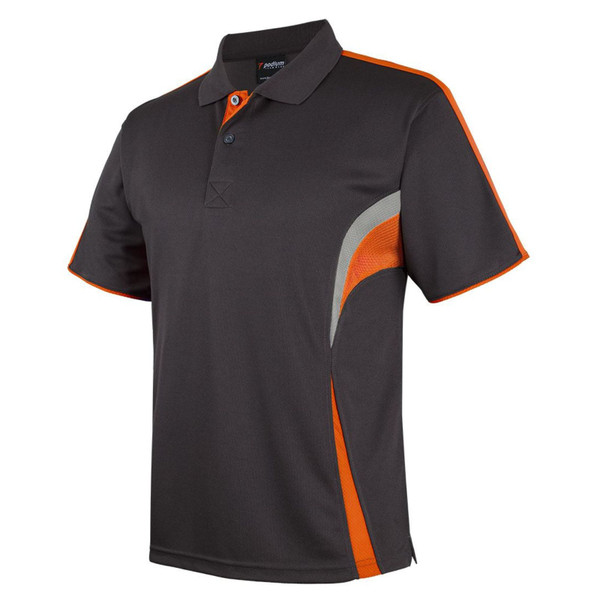 Charcoal polo shirt with orange and grey curved side panels and orange shoulder piping
