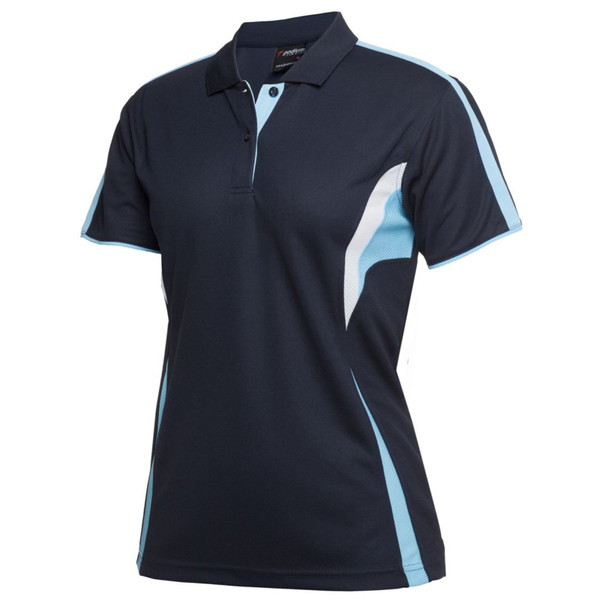 Navy polo shirt with sky blue and white contrast side panels and sleeve piping