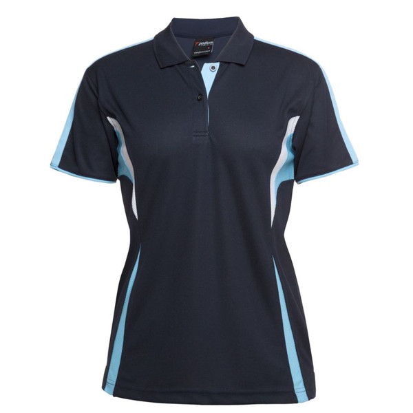 Navy polo shirt with sky blue and white contrast panels at sides and sleeves