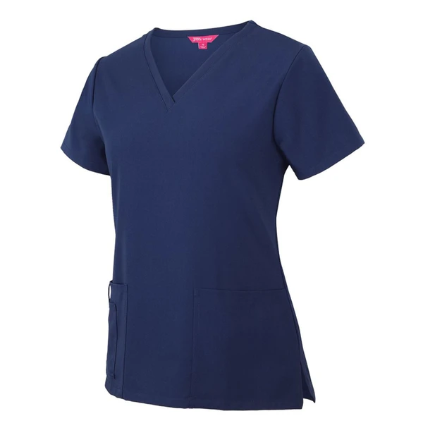 Navy scrubs top with v-neck, short sleeves, side slits and front pockets for medical professionals