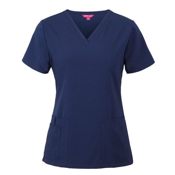 Navy scrub top with v-neck, short sleeves and front pockets with functional slot detail