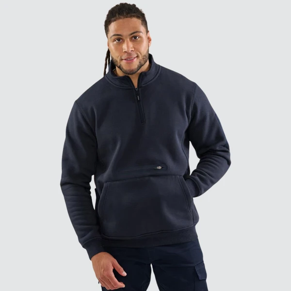 Navy half-zip fleece sweater with stand collar, kangaroo pocket and ribbed cuffs