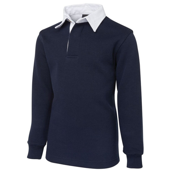 Navy long-sleeved rugby shirt with white contrast collar and ribbed cuffs