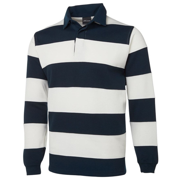 Navy and white wide striped rugby jersey with collar and long sleeves, featuring bold horizontal contrast panels