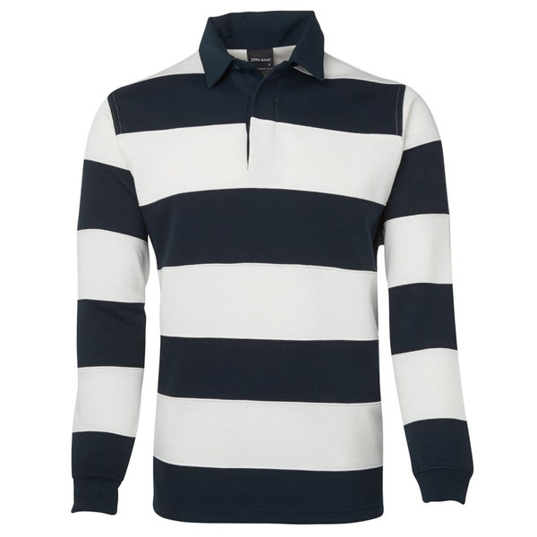 Navy and white wide striped rugby jersey with collar and long sleeves laid flat