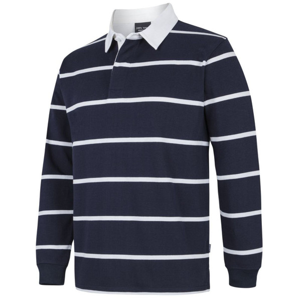 Navy rugby polo with white horizontal stripes and contrasting white collar