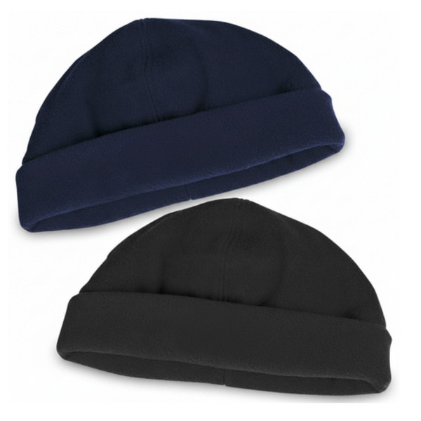 Navy and black polar fleece beanies with turned-up cuffs displayed on white background