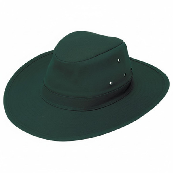 Bottle green wide-brimmed sun hat with black hatband and ventilation eyelets