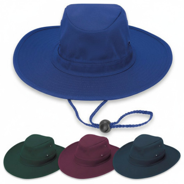 Royal blue wide brim sun hat with adjustable chin cord, shown with bottle green, maroon and navy colour options