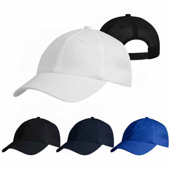 Collection of plain mesh caps in white, black, and two shades of blue. The main white cap is unbranded. A black cap is shown from the rear. Ideal for custom branding or promotional merchandise in Australia.