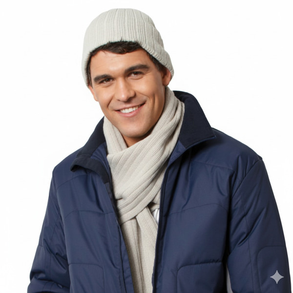 Cream cable knit beanie with ribbed cuff and textured pattern, shown with matching scarf and navy jacket