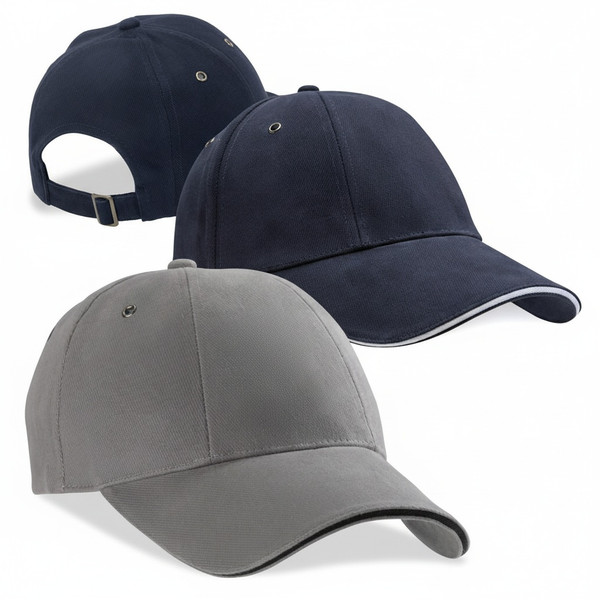 Navy and grey six-panel caps with contrast sandwich trim on curved peaks and adjustable back closures