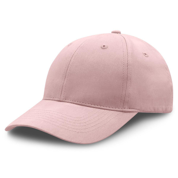 Soft pink cotton cap with six-panel construction, curved brim and adjustable back strap
