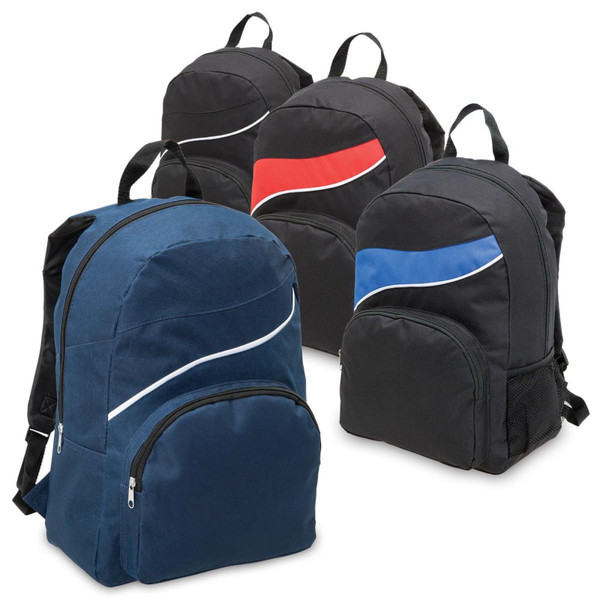 Navy and black backpacks with curved contrast piping detail and front zippered pockets