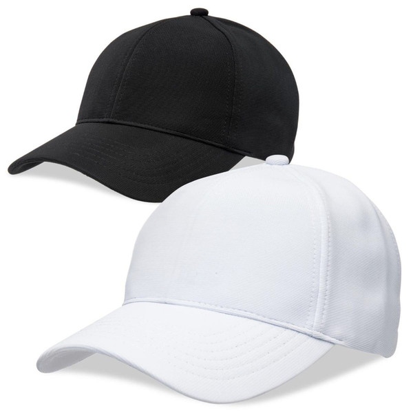 Black and white structured baseball caps with curved brims and textured fabric panels