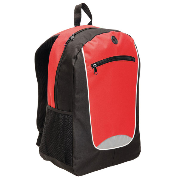 Red, black and grey backpack with white contrast piping, front zippered pocket and mesh side panel