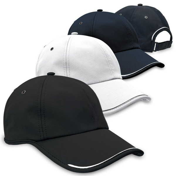 Lightweight sports caps in black, white and navy with contrast white sandwich trim on curved peak