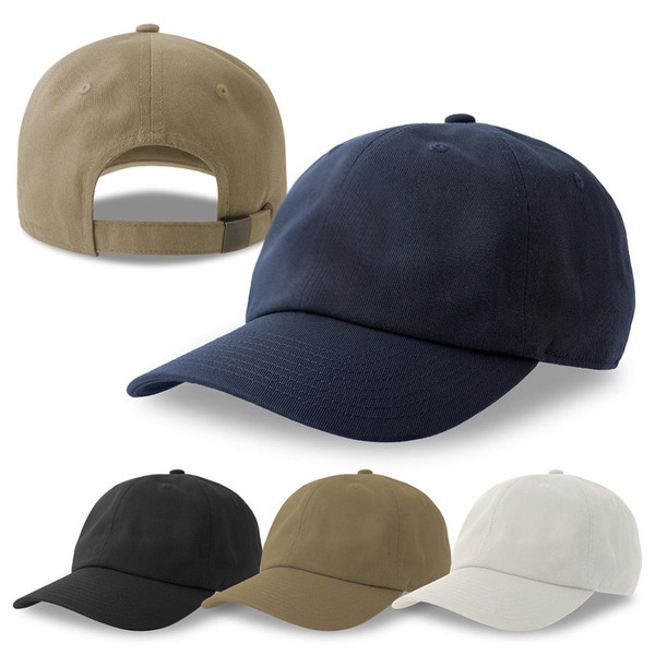 Unstructured dad hats in navy, khaki, black and natural with curved brims and adjustable metal buckle closures