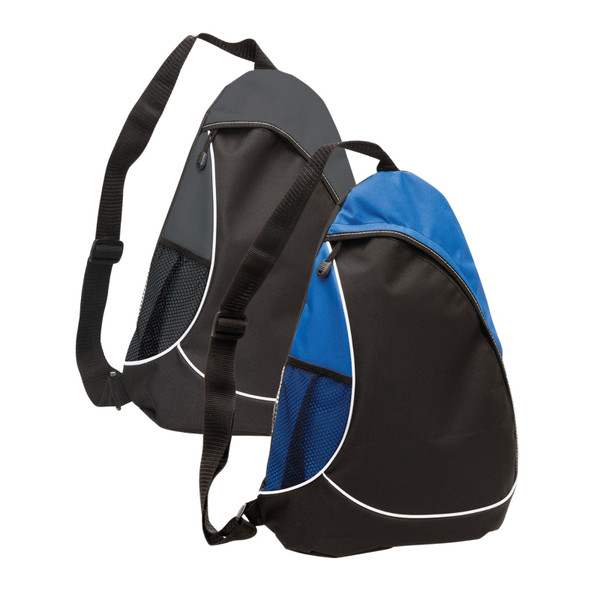 Charcoal grey and royal blue sling bags with black contrast panels, white piping trim and mesh side pockets
