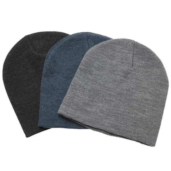 Three ribbed knit beanies in charcoal heather, teal blue heather, and grey heather displayed overlapping