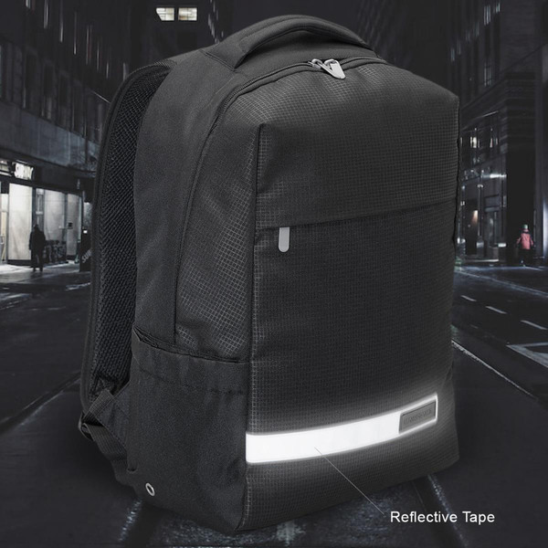 Union 15" black laptop backpack featuring a subtly textured main panel, top handle, zippered compartments, and a reflective safety strip near the bottom. This durable bag is suitable for travel and work. Union 15" black laptop backpack featuring a subtly textured main panel, top handle, zippered compartments, and a reflective safety strip near the bottom. This durable bag is suitable for travel and work.