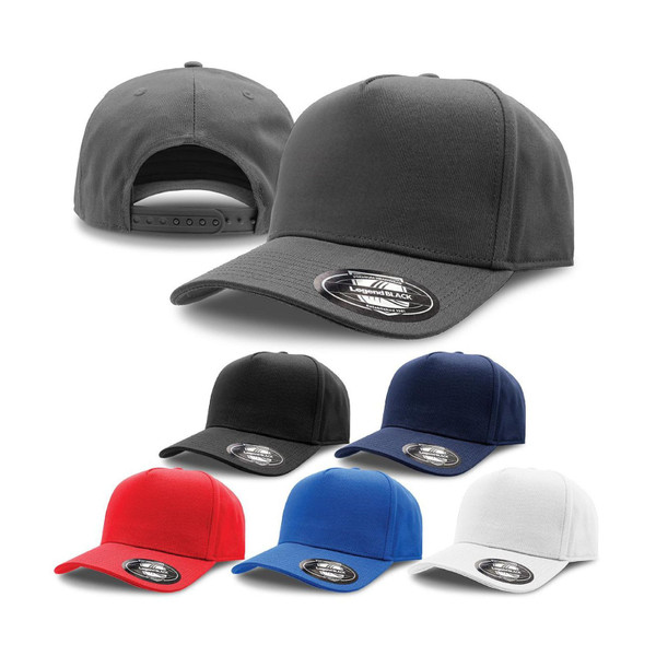 High-crown A-frame snapback caps in charcoal, black, red, royal blue, navy and white with flat brims