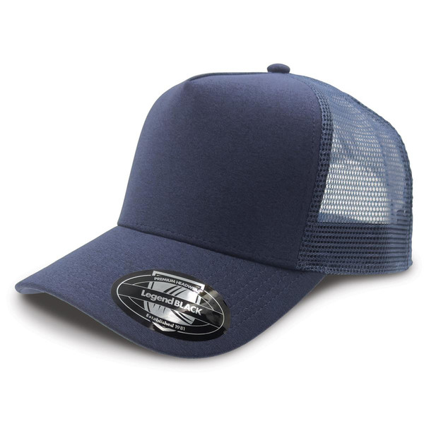 Navy trucker cap with solid cotton front panels and contrast mesh back, curved peak and snapback closure