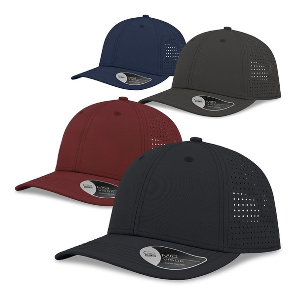 Four lightweight caps in navy, charcoal, maroon and black featuring laser-cut ventilation perforations on crown and side panels