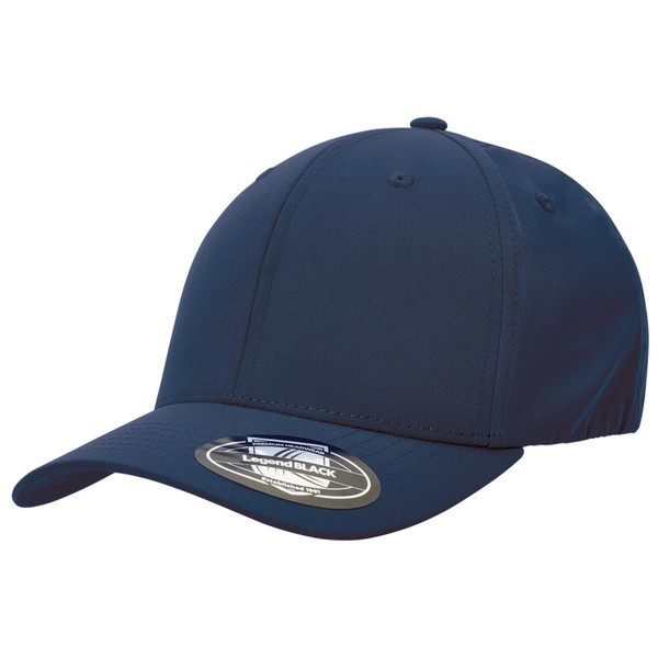 Navy curved peak stretch-fit cap with structured six-panel construction and decorative flat front panels