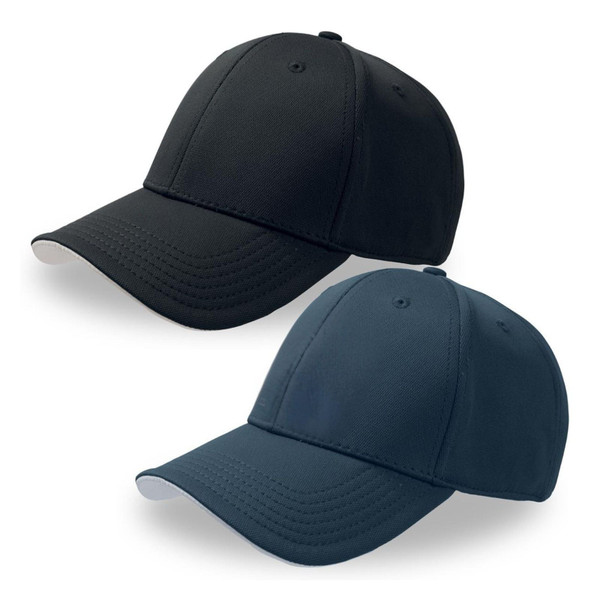 Black and navy honeycomb fabric caps with six-panel construction and curved peak with grey underside