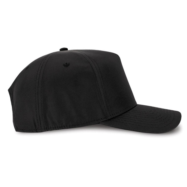 Black lightweight five-panel sport cap with curved brim and ventilation eyelets, side profile view
