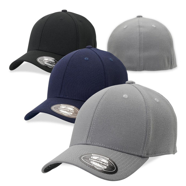 Three structured stretch-fit caps in black, navy, and grey with smooth crown panels and branded underbrim