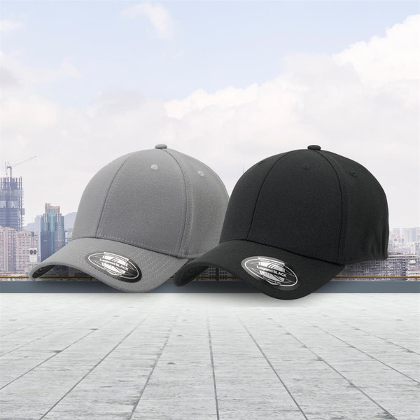 Grey and black stretch-fit caps with structured six-panel construction and curved brims