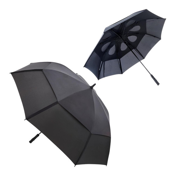 Charcoal and black double-canopy golf umbrella shown open from two angles, revealing vented inner canopy panels