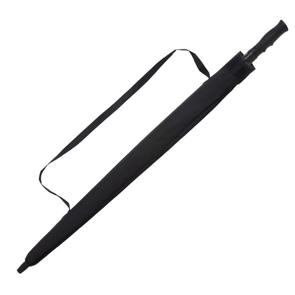 Black closed golf umbrella with carry strap, slim profile and rubberised handle shown on white background