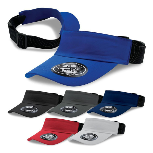 Moisture-wicking sports visor with adjustable black elastic strap, shown in royal blue, red, white, charcoal, black and navy