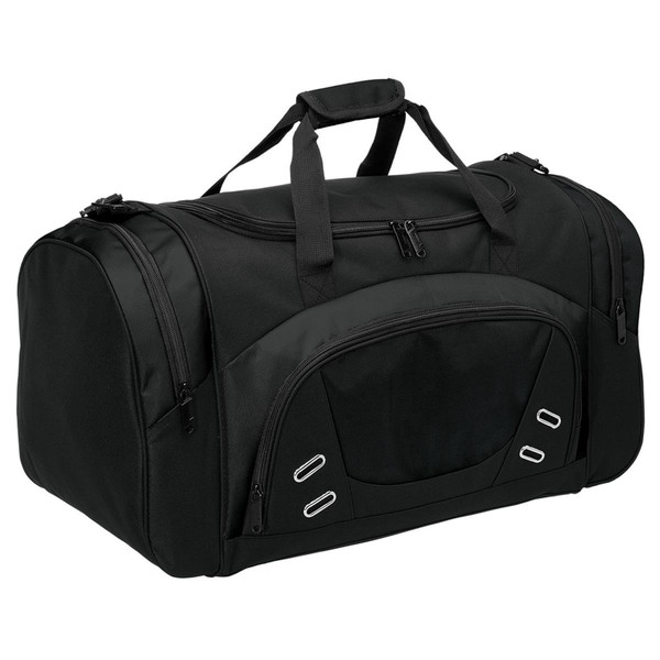 Black sports duffle bag with multiple zippered compartments and carry handles
