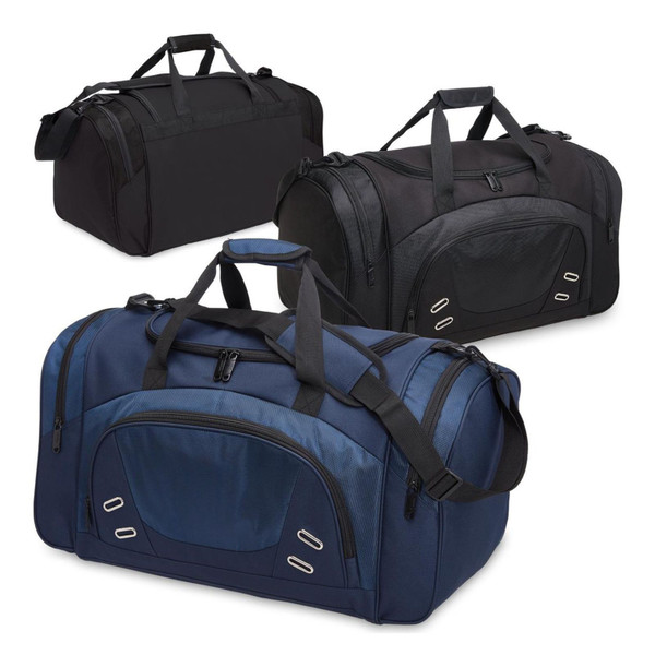 Navy blue, charcoal, and black duffle bags with multiple zippered compartments and adjustable shoulder straps