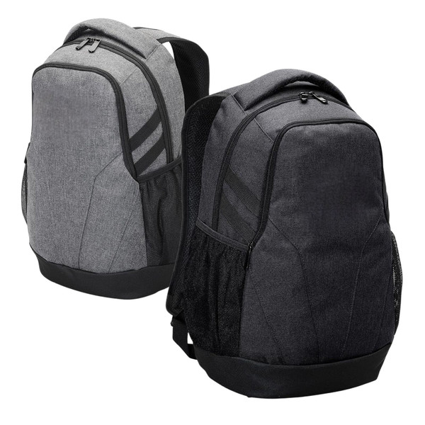 Heather grey and black laptop backpacks shown front and back with contrast zip panels and mesh side pockets