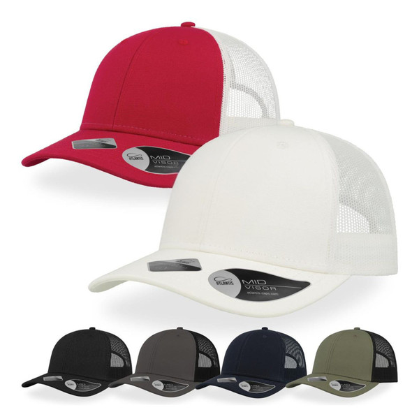 Trucker caps with mesh back panels in red, white, black, charcoal, navy and olive green colourways