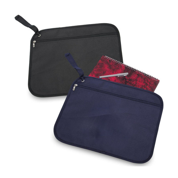 Charcoal grey and navy blue document satchels with wrist straps and front zipper compartments shown with notebook