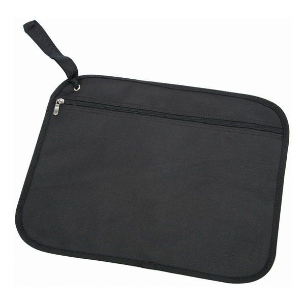 Black document satchel with front zippered pocket and wrist strap