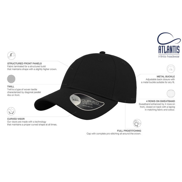 Black chino cotton twill cap with curved visor and structured 6-panel crown, metal buckle adjuster